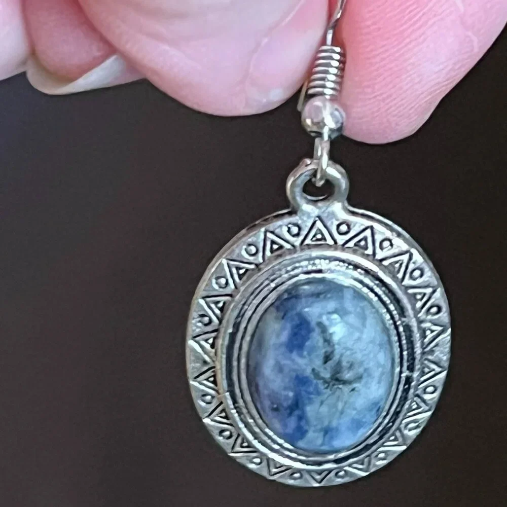 Taxco‑Style Sodalite Earrings – Antique Silver‑Tone Setting – Oval Cabochons - Picture 2 of 10